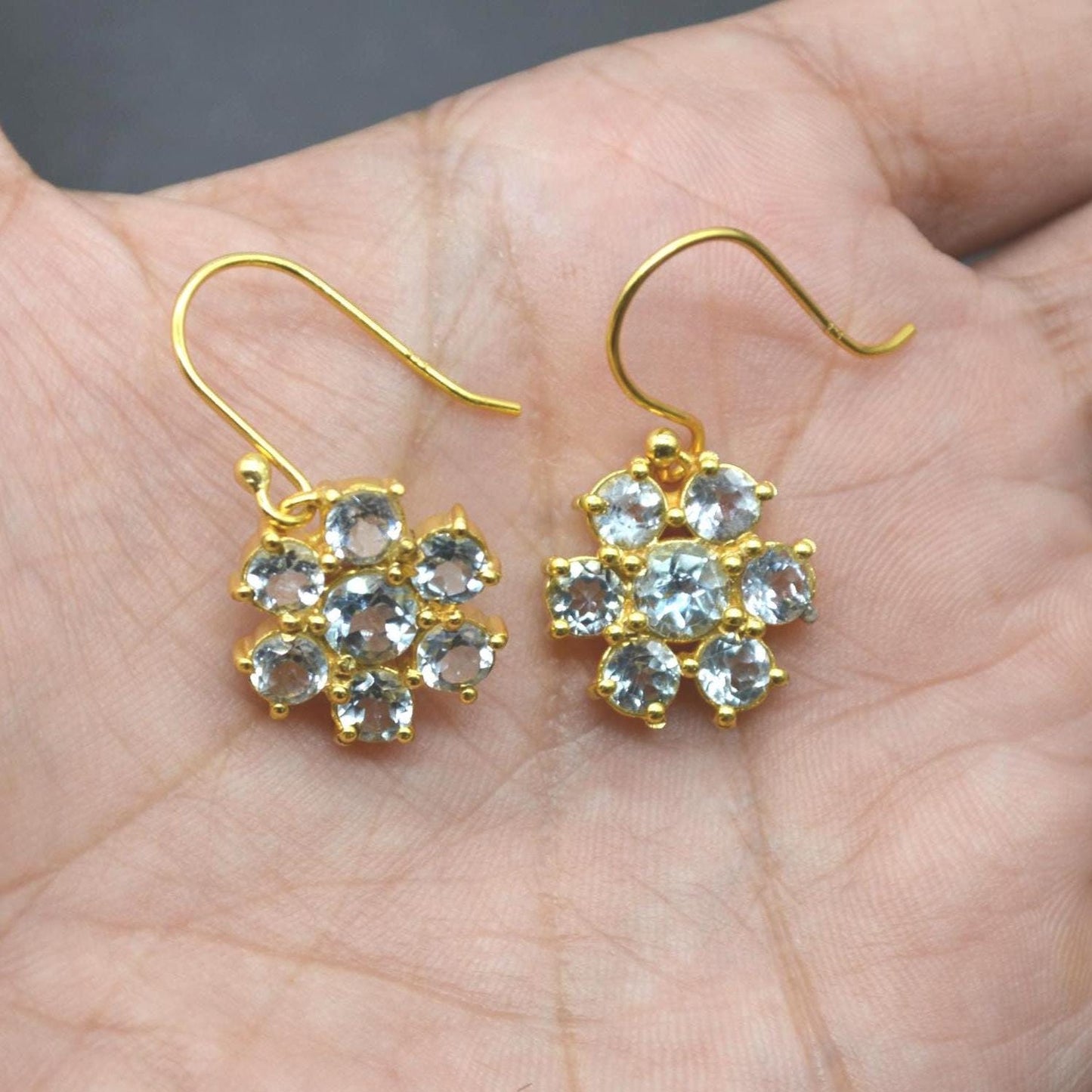 Blue Topaz Dangle Earrings: Sterling Silver Floral Drops, December Birthstone