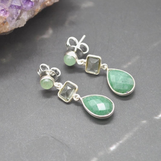 Green Amethyst Drop Earrings: Sterling Silver Sillimanite Aventurine, February Birthstone