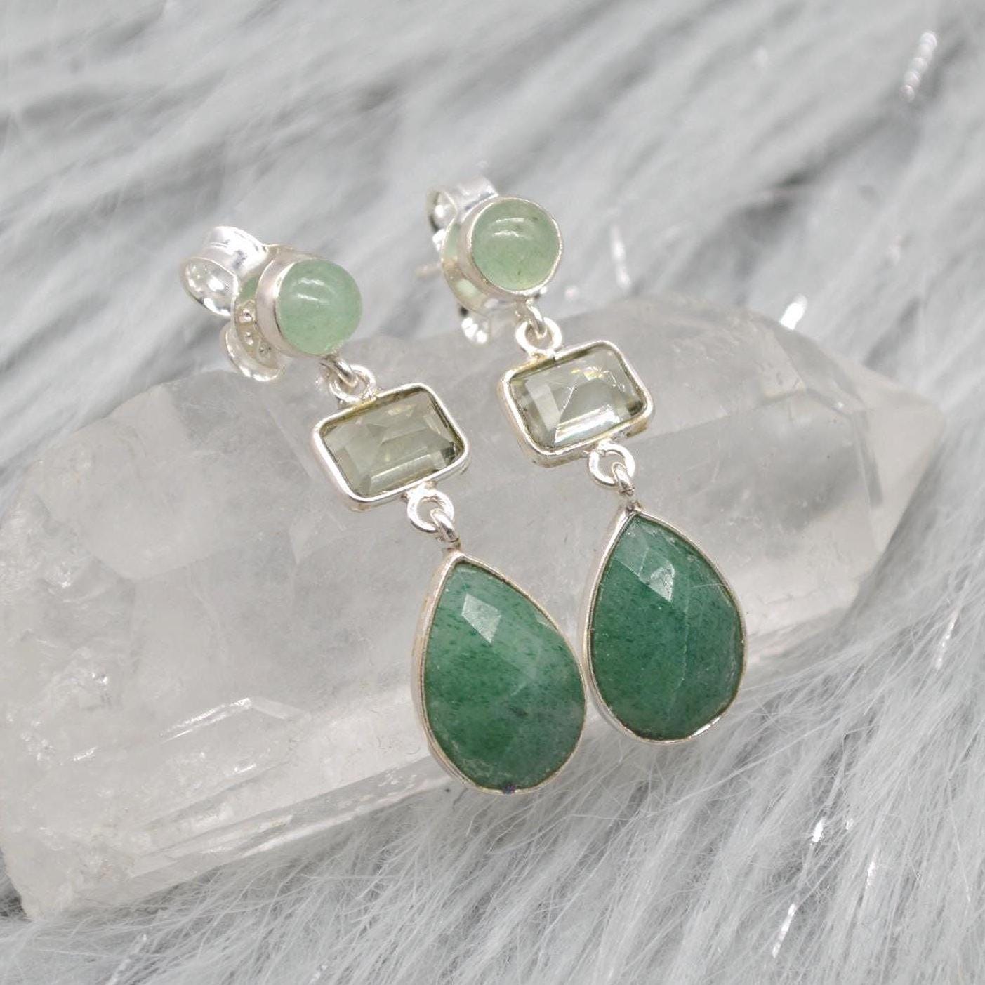 Green Amethyst Drop Earrings: Sterling Silver Sillimanite Aventurine, February Birthstone