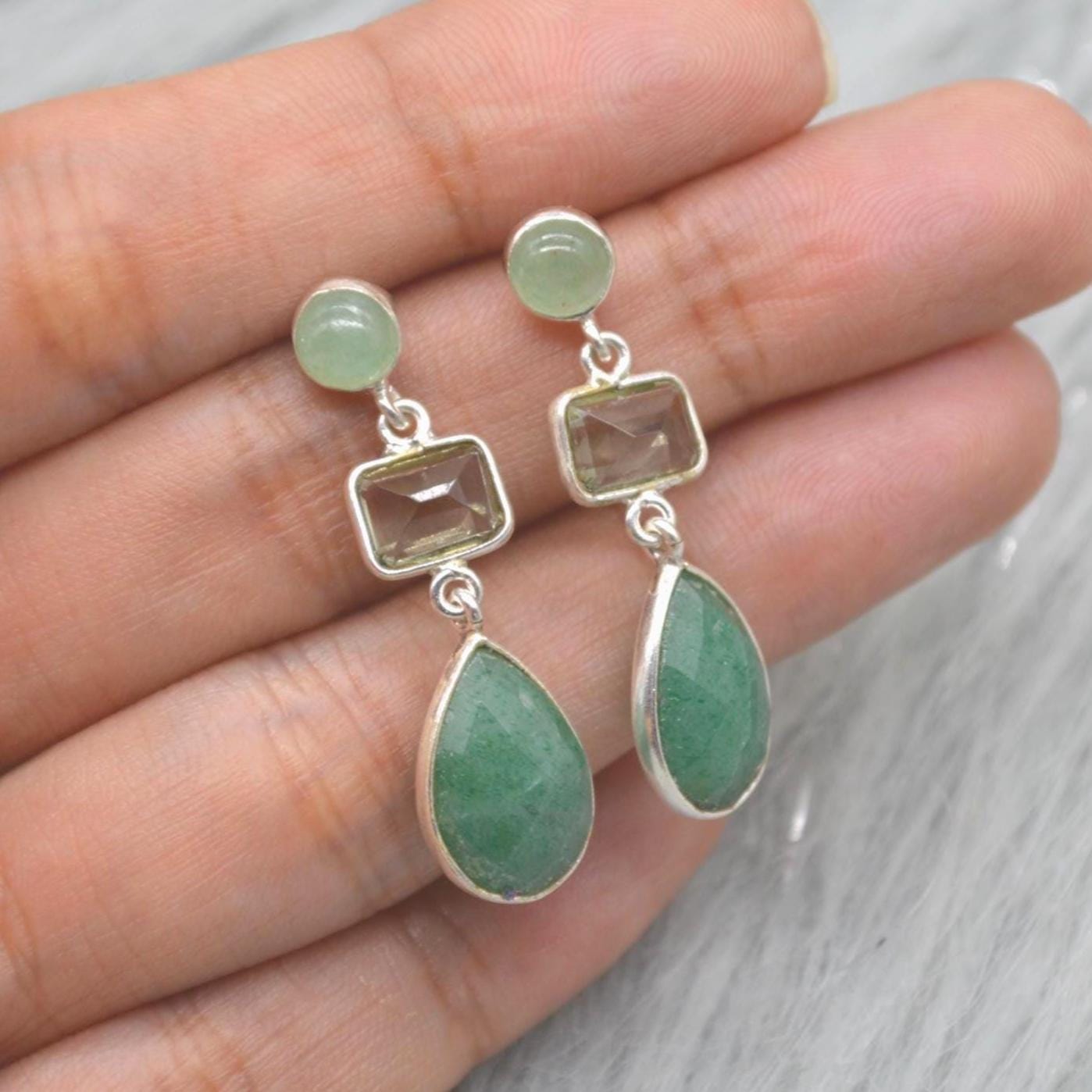 Green Amethyst Drop Earrings: Sterling Silver Sillimanite Aventurine, February Birthstone