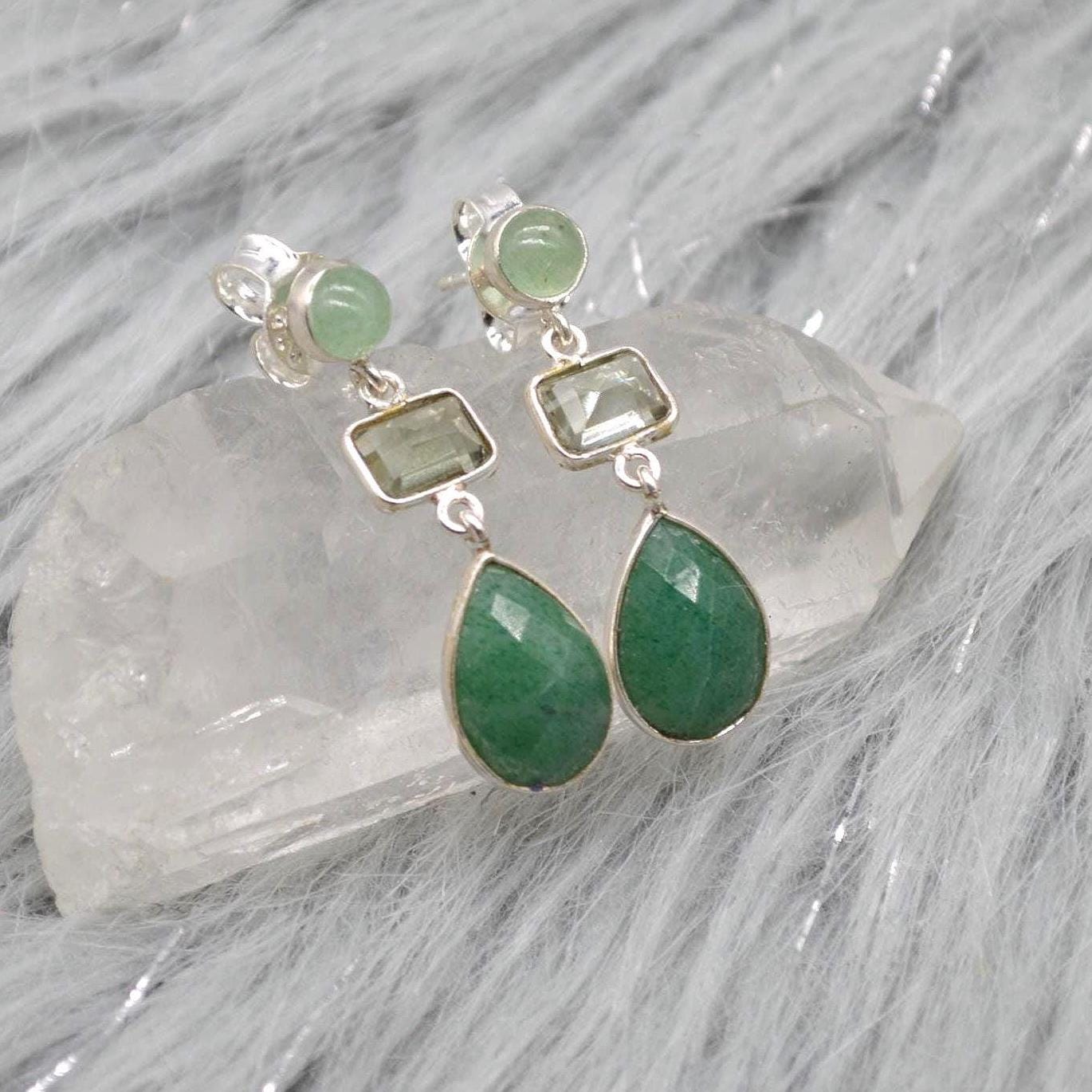 Green Amethyst Drop Earrings: Sterling Silver Sillimanite Aventurine, February Birthstone