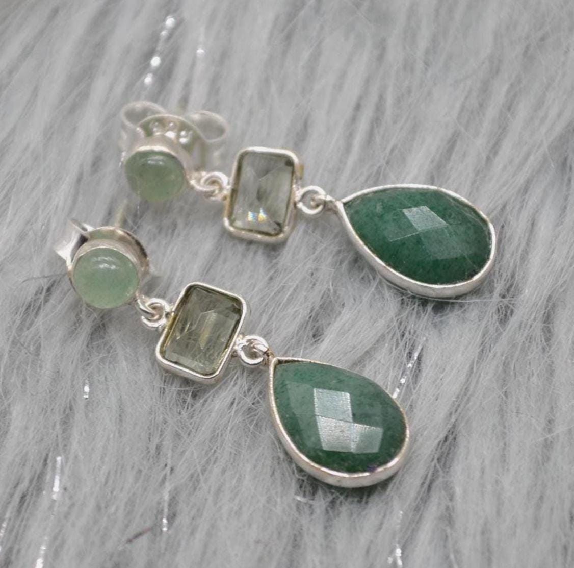 Green Amethyst Drop Earrings: Sterling Silver Sillimanite Aventurine, February Birthstone