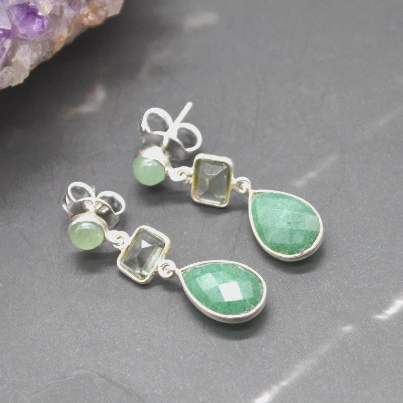 Green Amethyst Drop Earrings: Sterling Silver Sillimanite Aventurine, February Birthstone