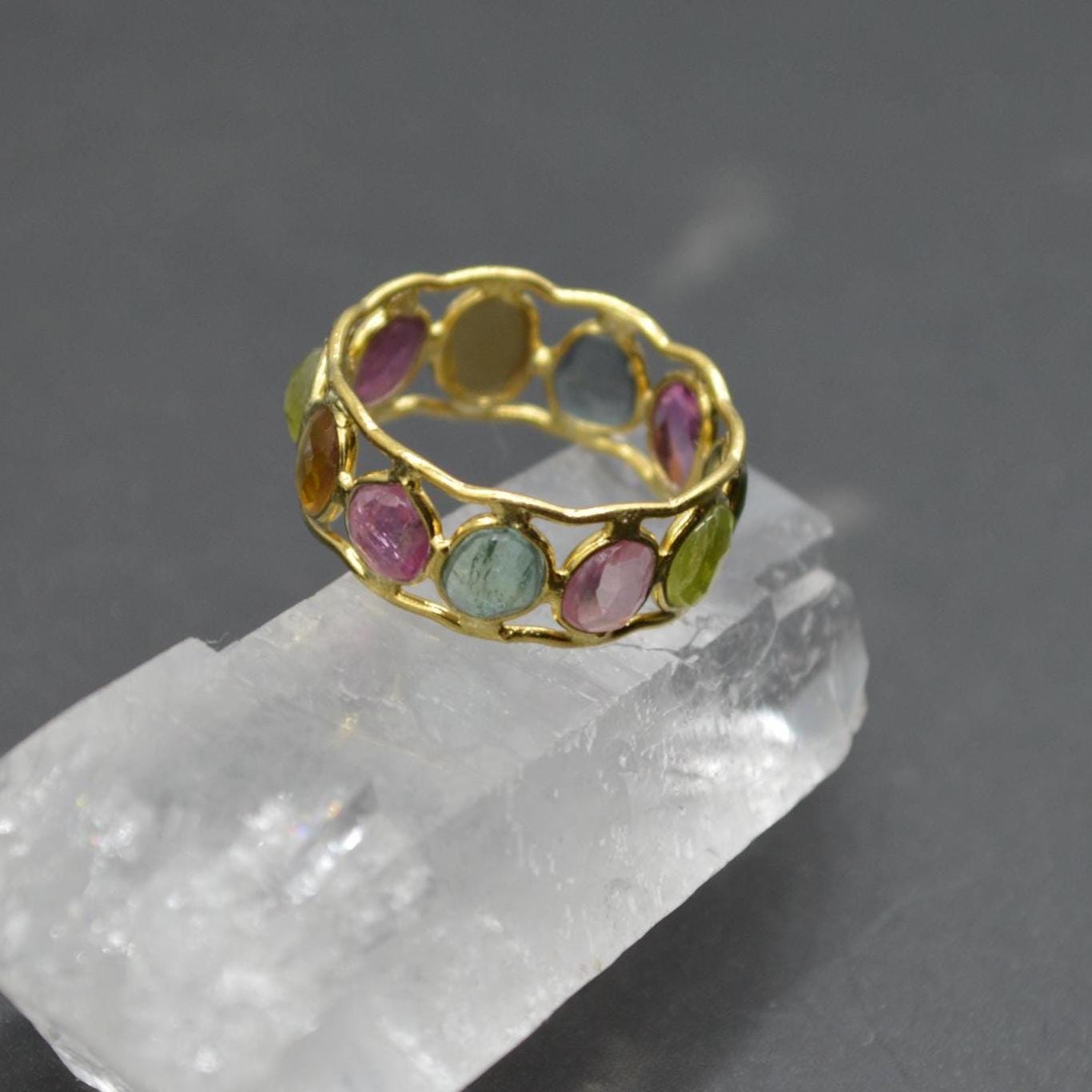 Green Pink Tourmaline Ring, Stacking Gold Ring, Gemstone Sterling Silver Ring, Tourmaline Jewelry, October Birthstone Ring, Size O Ring