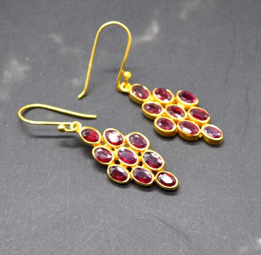 Red Ruby Drop Earrings: Gold Plated Sterling Silver, July Birthstone
