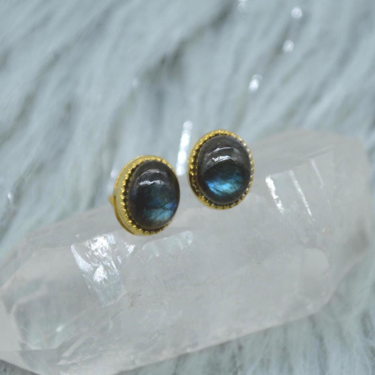 Labradorite Sterling Silver Stud Earrings: Dainty Gemstone Gold Jewelry