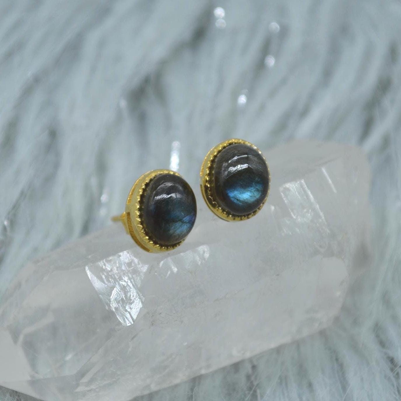 Labradorite Sterling Silver Stud Earrings: Dainty Gemstone Gold Jewelry