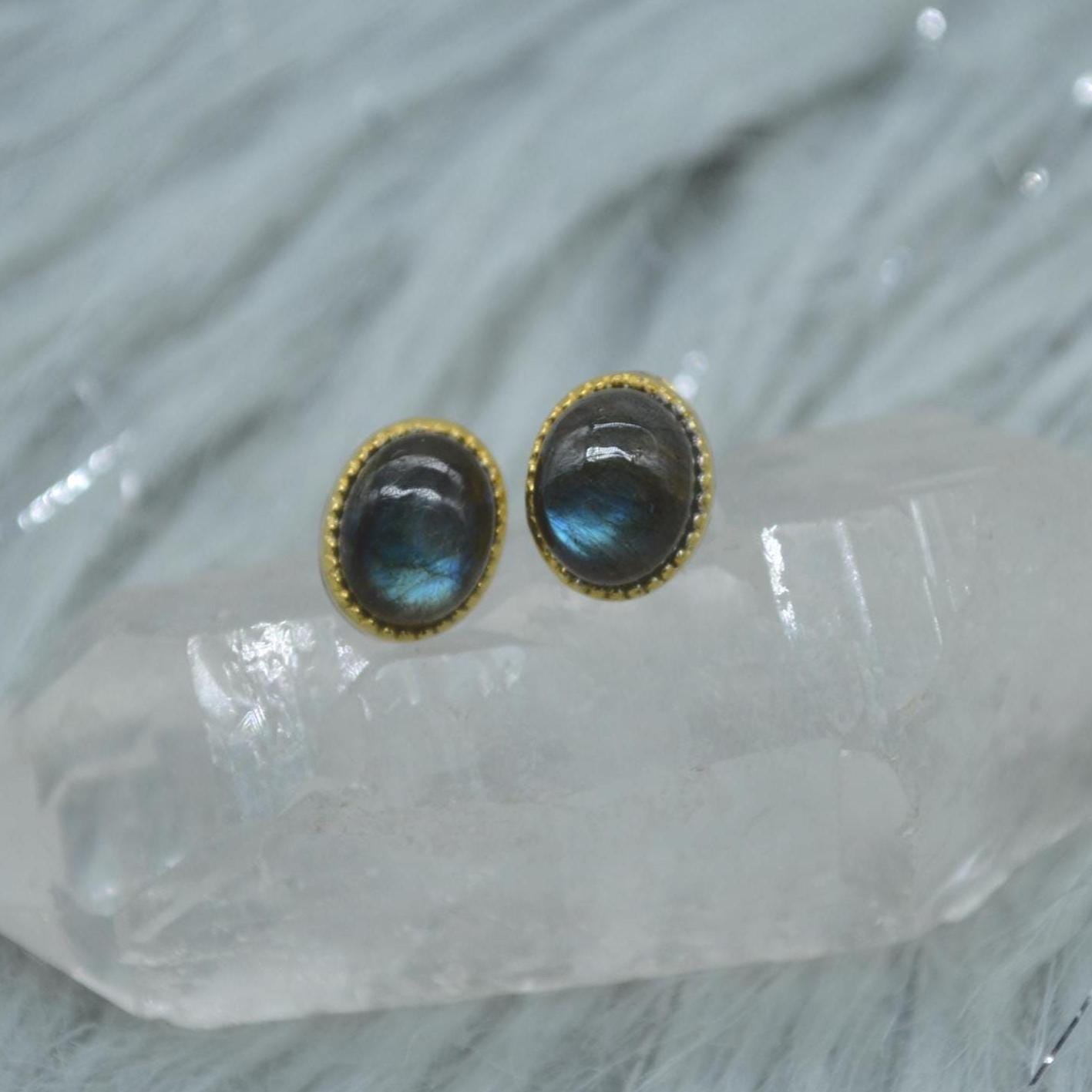 Labradorite Sterling Silver Stud Earrings: Dainty Gemstone Gold Jewelry