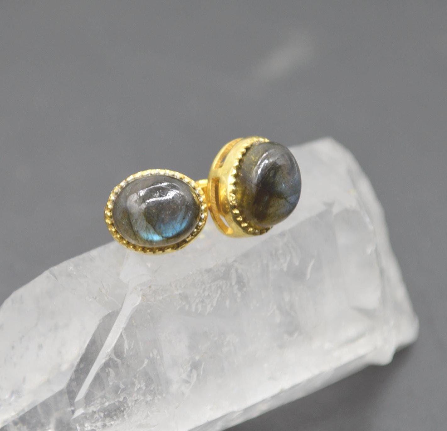 Labradorite Sterling Silver Stud Earrings: Dainty Gemstone Gold Jewelry