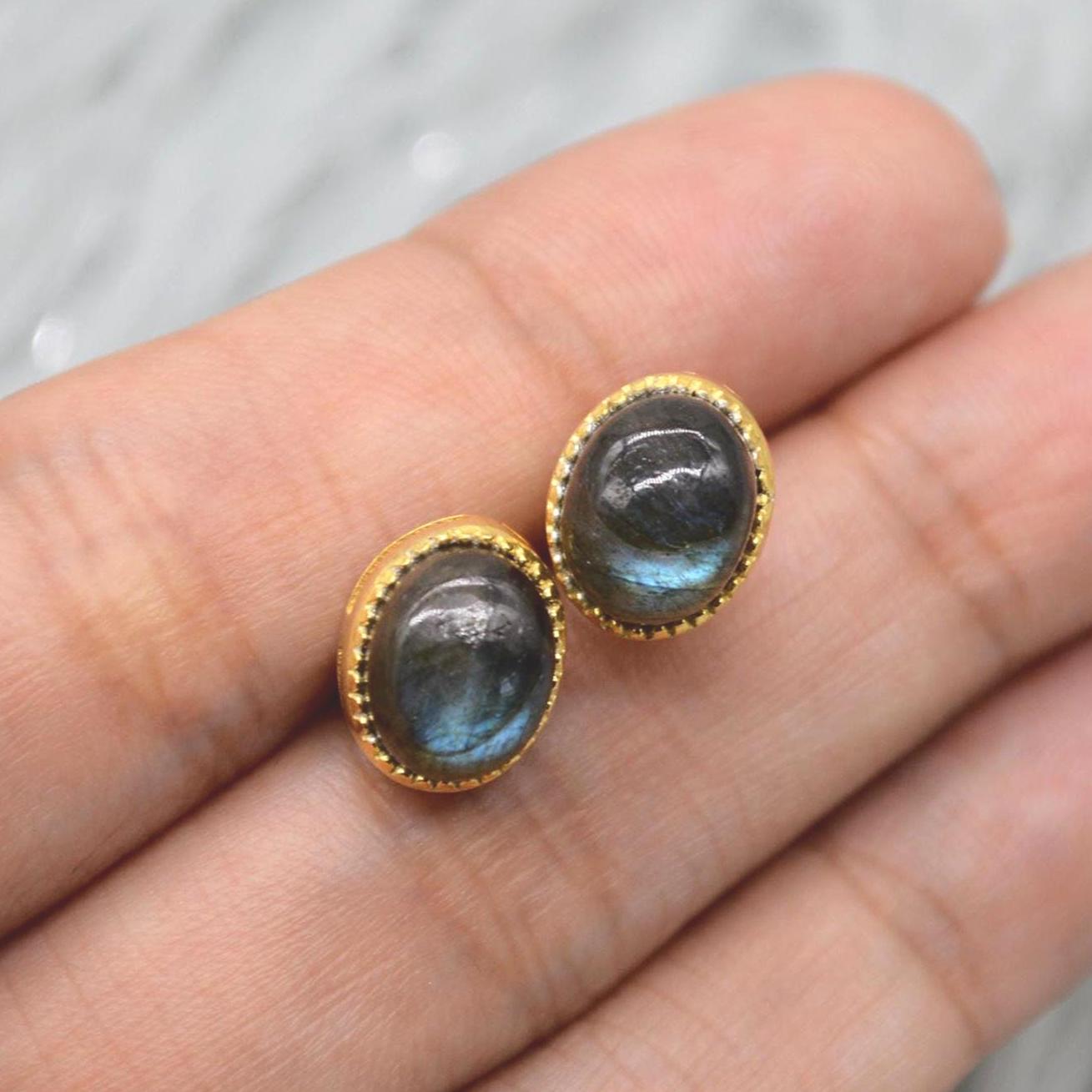 Labradorite Sterling Silver Stud Earrings: Dainty Gemstone Gold Jewelry