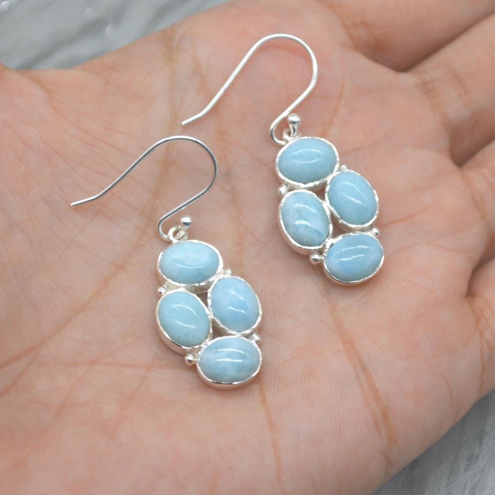 Larimar Dangle Drop Earrings: Sterling Silver Blue Gemstone