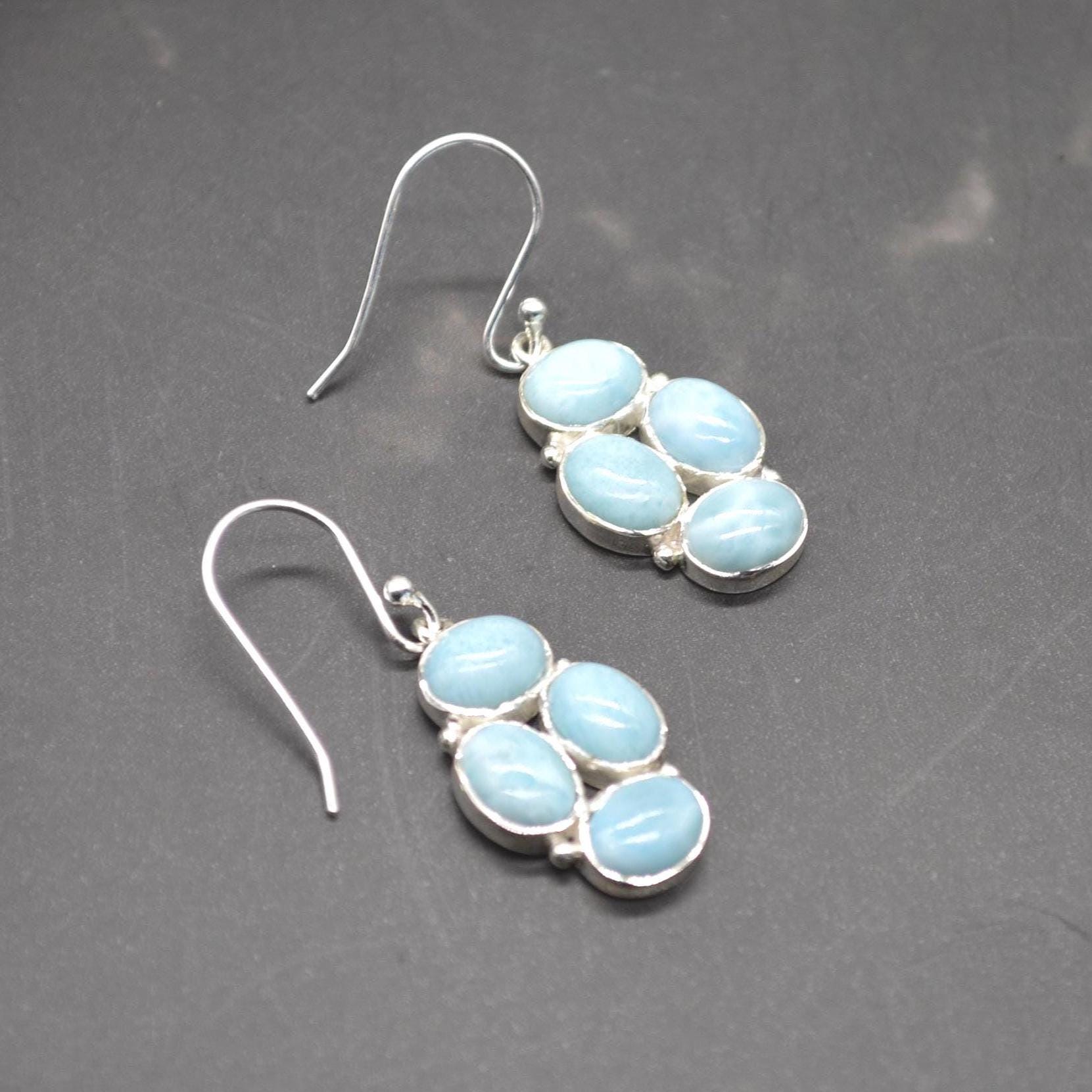 Larimar Dangle Drop Earrings: Sterling Silver Blue Gemstone