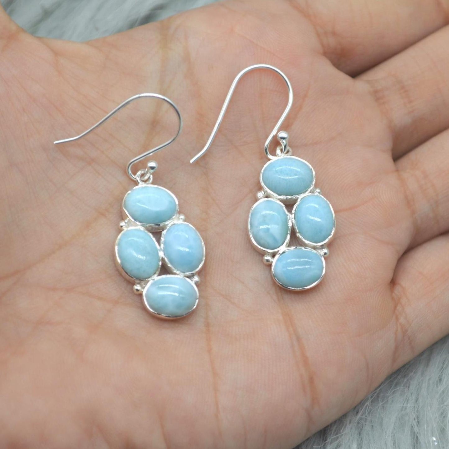 Larimar Dangle Drop Earrings: Sterling Silver Blue Gemstone