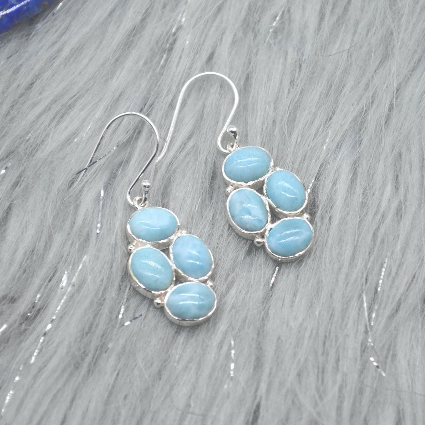Larimar Dangle Drop Earrings: Sterling Silver Blue Gemstone