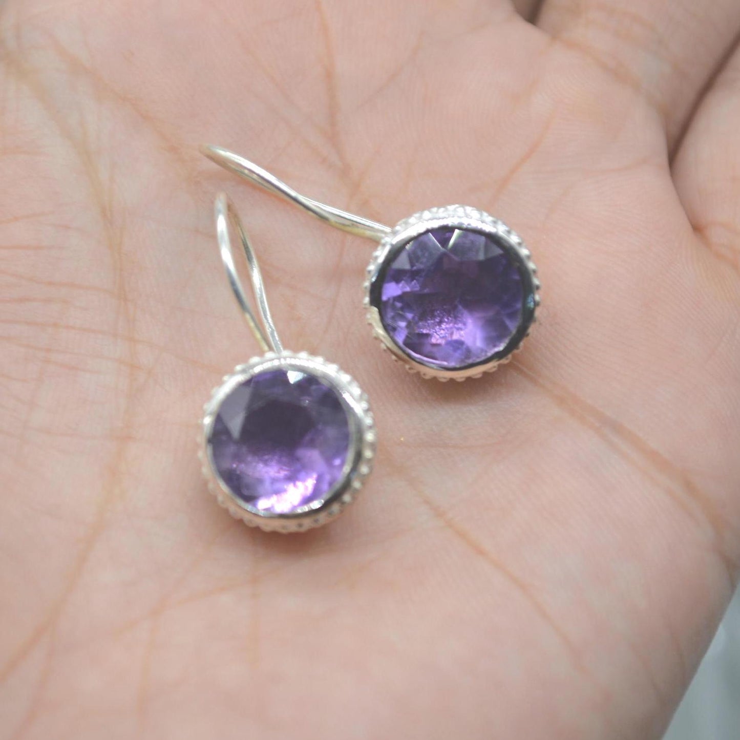 Round Amethyst Sterling Silver Earrings: February Birthstone Jewelry