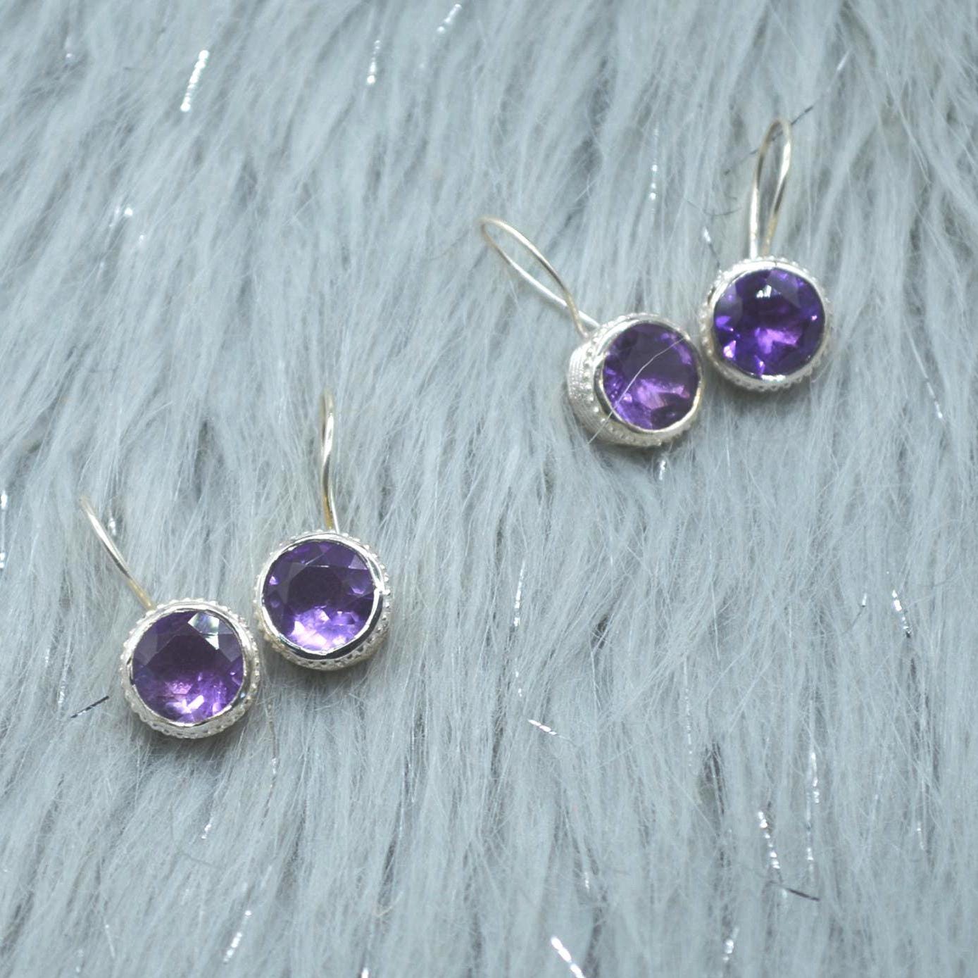 Round Amethyst Sterling Silver Earrings: February Birthstone Jewelry