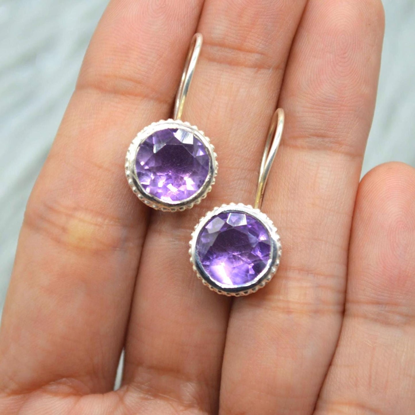 Round Amethyst Sterling Silver Earrings: February Birthstone Jewelry