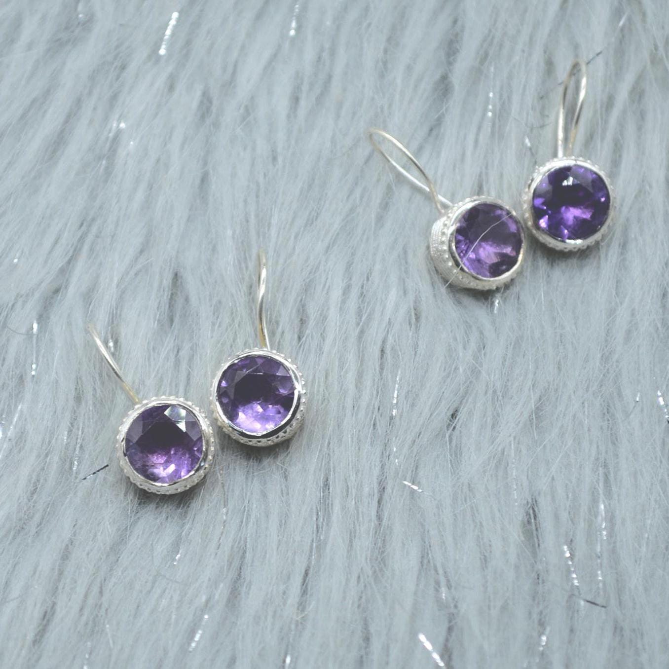 Round Amethyst Sterling Silver Earrings: February Birthstone Jewelry