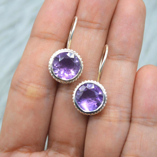 Round Amethyst Sterling Silver Earrings: February Birthstone Jewelry