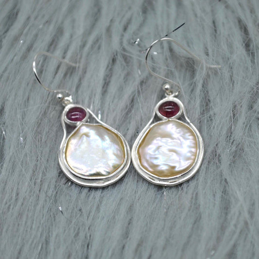 Mother of Pearl Pink Tourmaline Earrings: Sterling Silver Dangle Drop, June October Birthstone