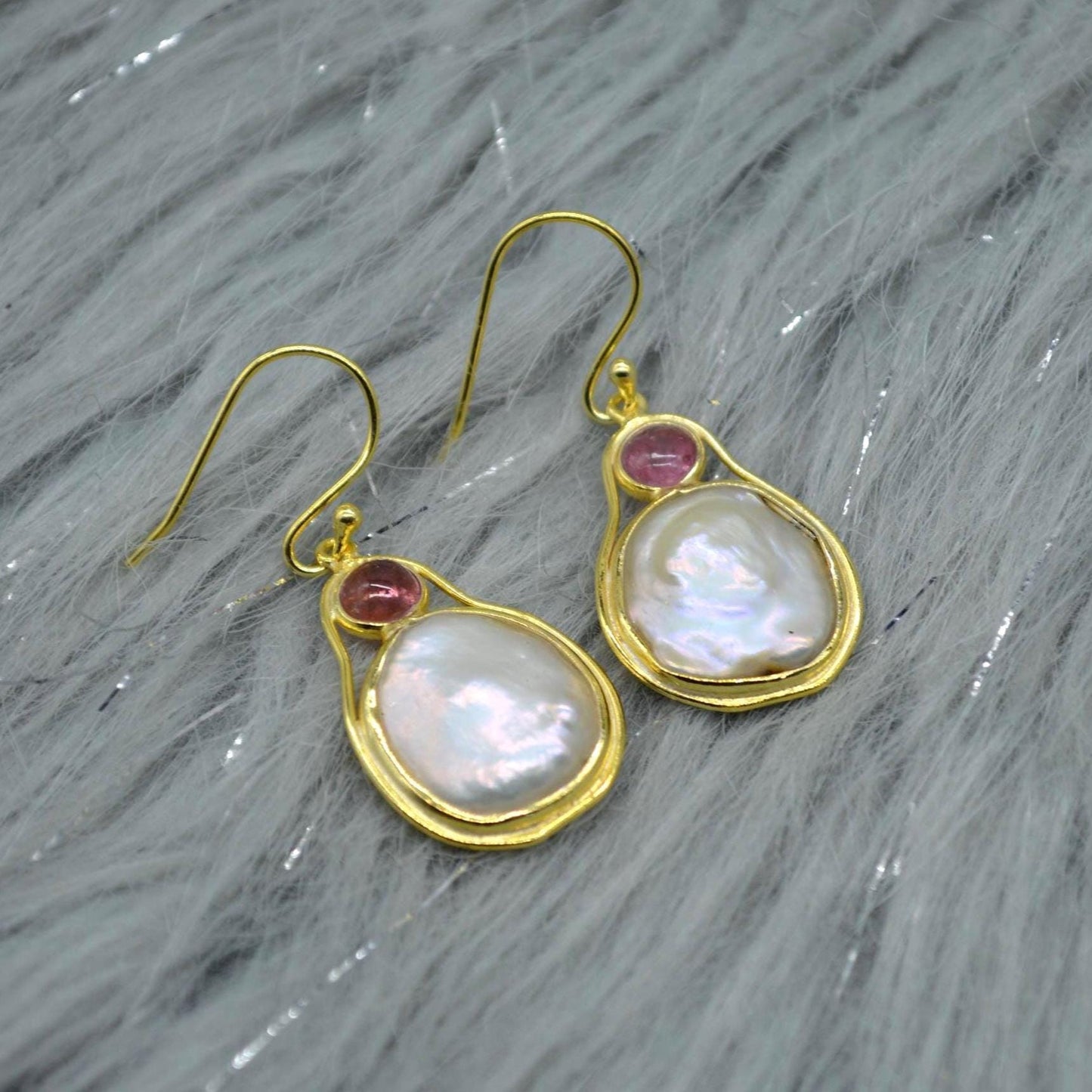 Mother of Pearl Pink Tourmaline Earrings: Sterling Silver Dangle Drop, June October Birthstone