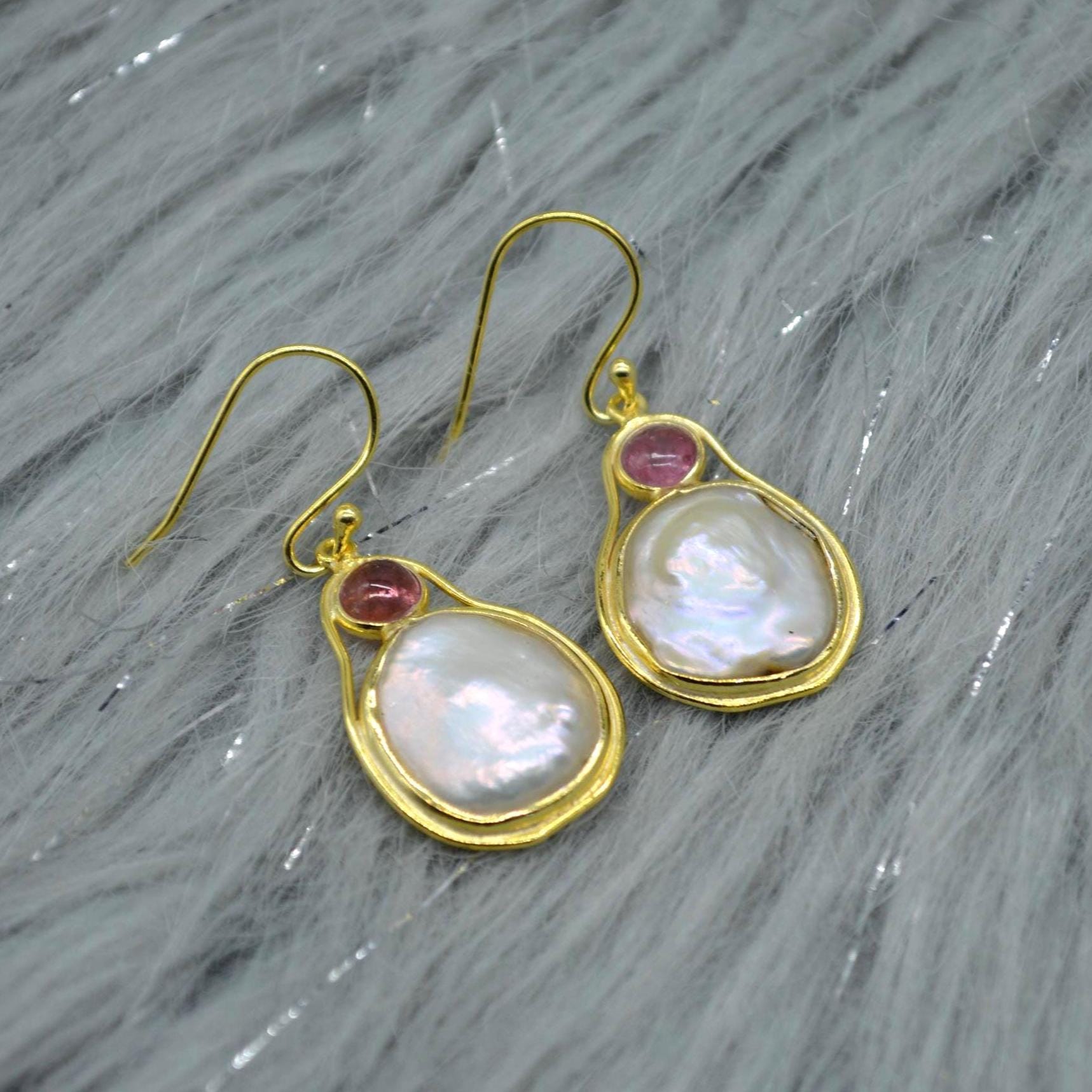Mother of Pearl Pink Tourmaline Earrings: Sterling Silver Dangle Drop, June October Birthstone