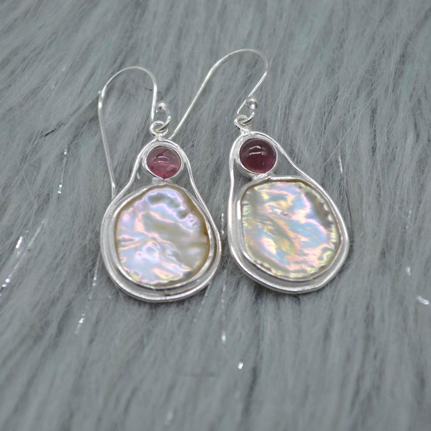Mother of Pearl Pink Tourmaline Earrings: Sterling Silver Dangle Drop, June October Birthstone