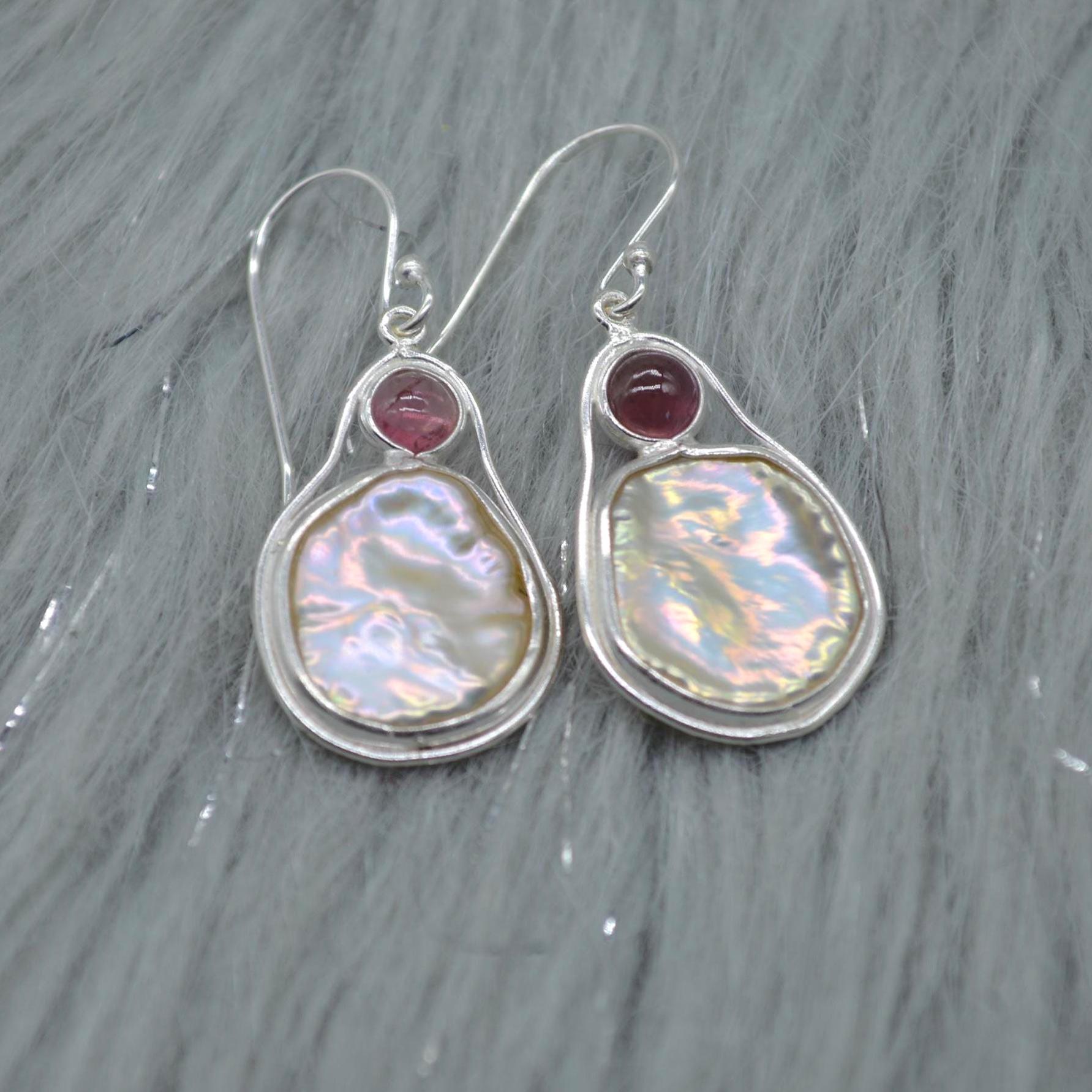 Mother of Pearl Pink Tourmaline Earrings: Sterling Silver Dangle Drop, June October Birthstone