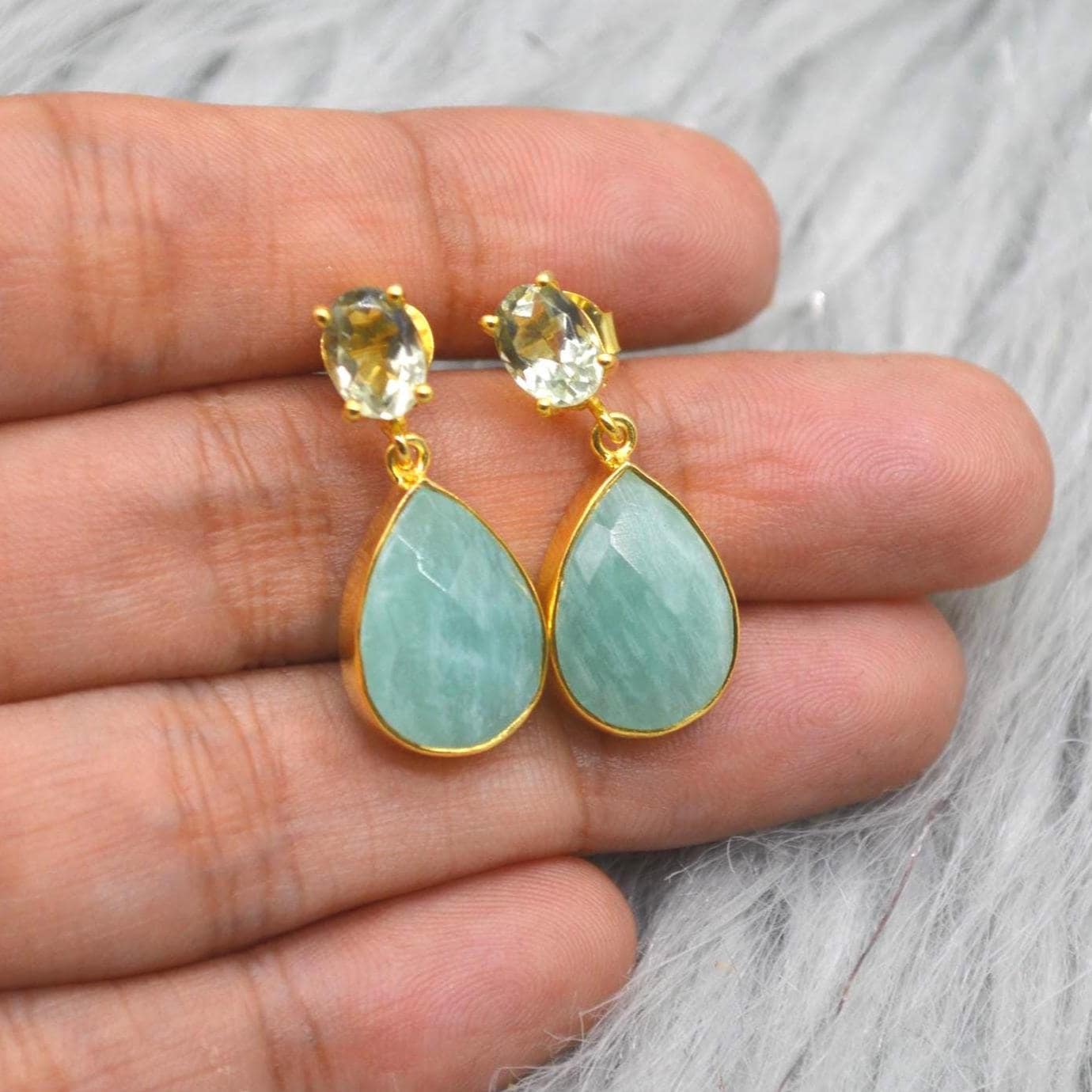 Amazonite Green Amethyst Earrings: Gold Plated Sterling Silver, Teardrop Dangles