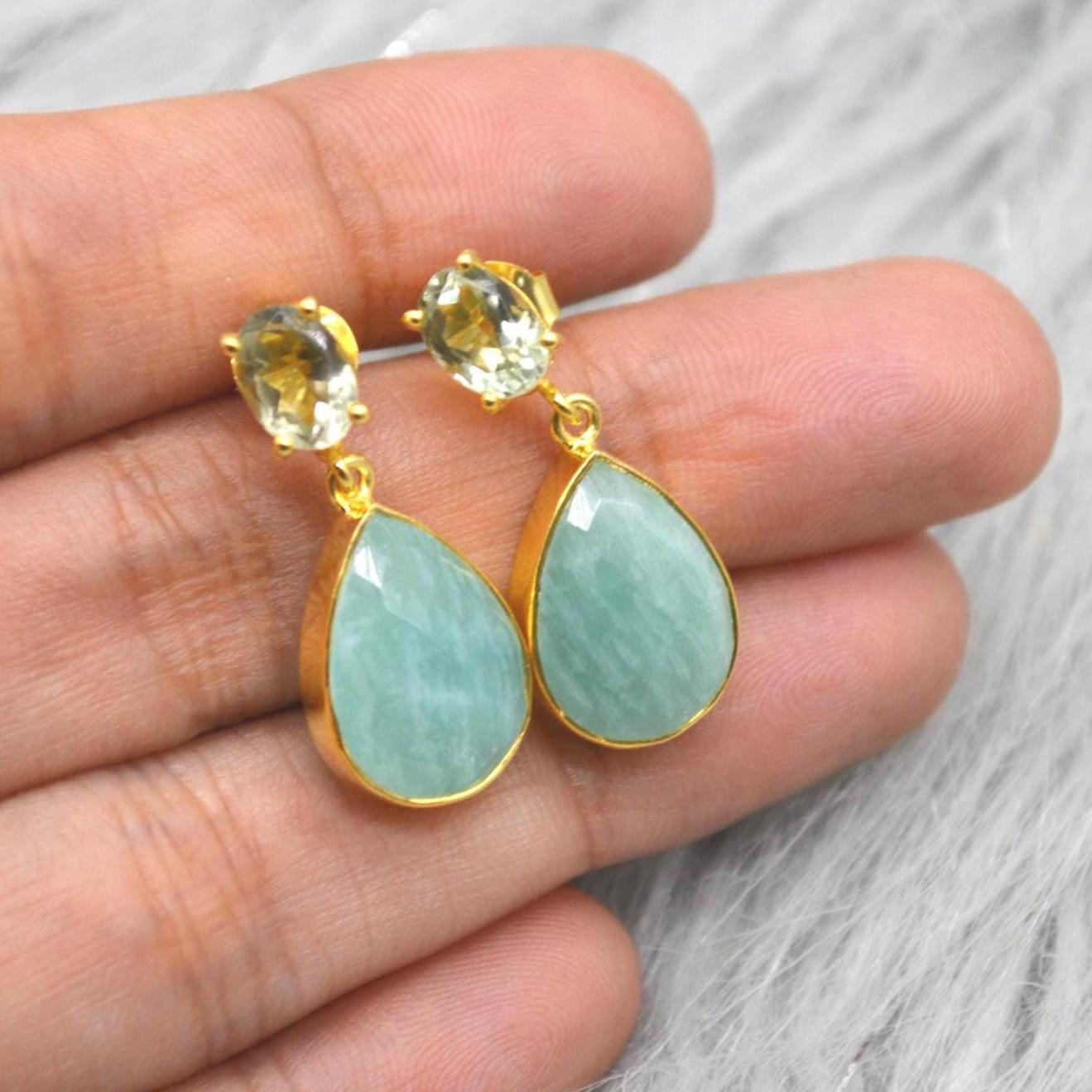 Amazonite Green Amethyst Earrings: Gold Plated Sterling Silver, Teardrop Dangles