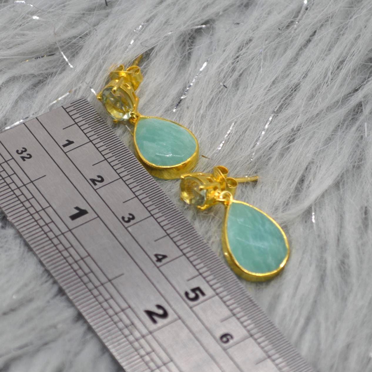 Amazonite Green Amethyst Earrings: Gold Plated Sterling Silver, Teardrop Dangles