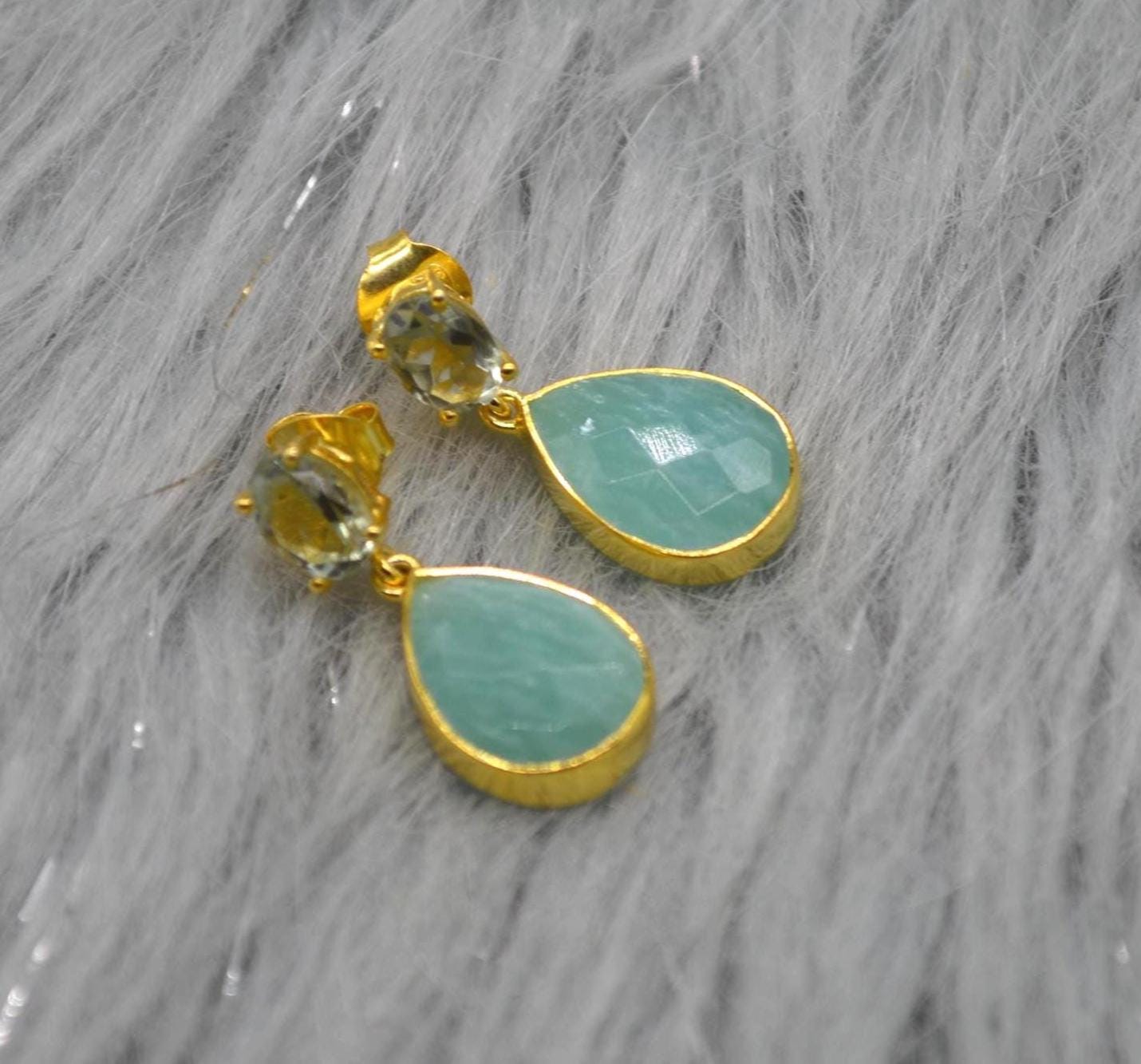 Amazonite Green Amethyst Earrings: Gold Plated Sterling Silver, Teardrop Dangles