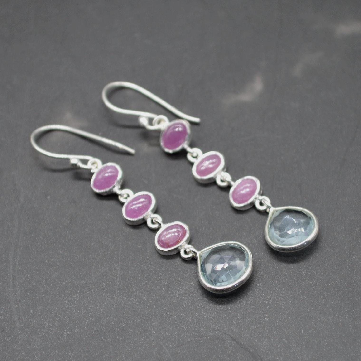 Ruby and Blue Topaz Dangle Earrings: Sterling Silver July, December Birthstone Jewelry