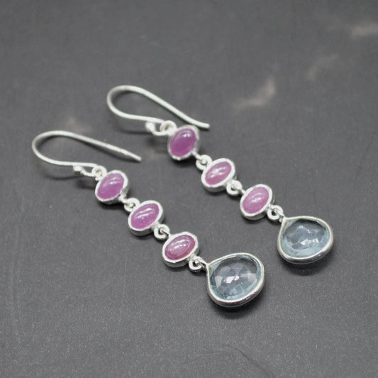 Ruby and Blue Topaz Dangle Earrings: Sterling Silver July, December Birthstone Jewelry