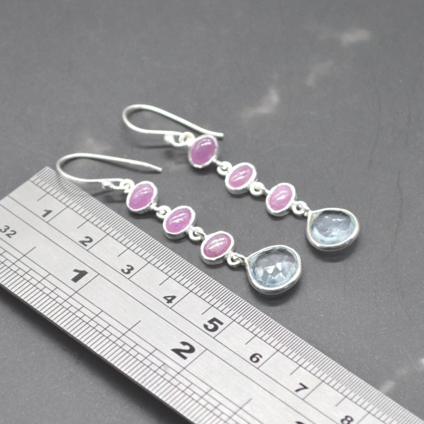 Ruby and Blue Topaz Dangle Earrings: Sterling Silver July, December Birthstone Jewelry