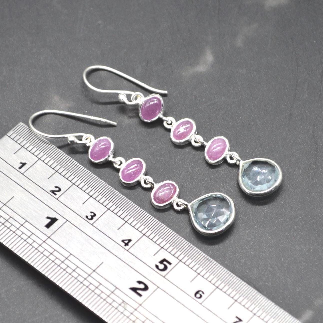 Ruby and Blue Topaz Dangle Earrings: Sterling Silver July, December Birthstone Jewelry