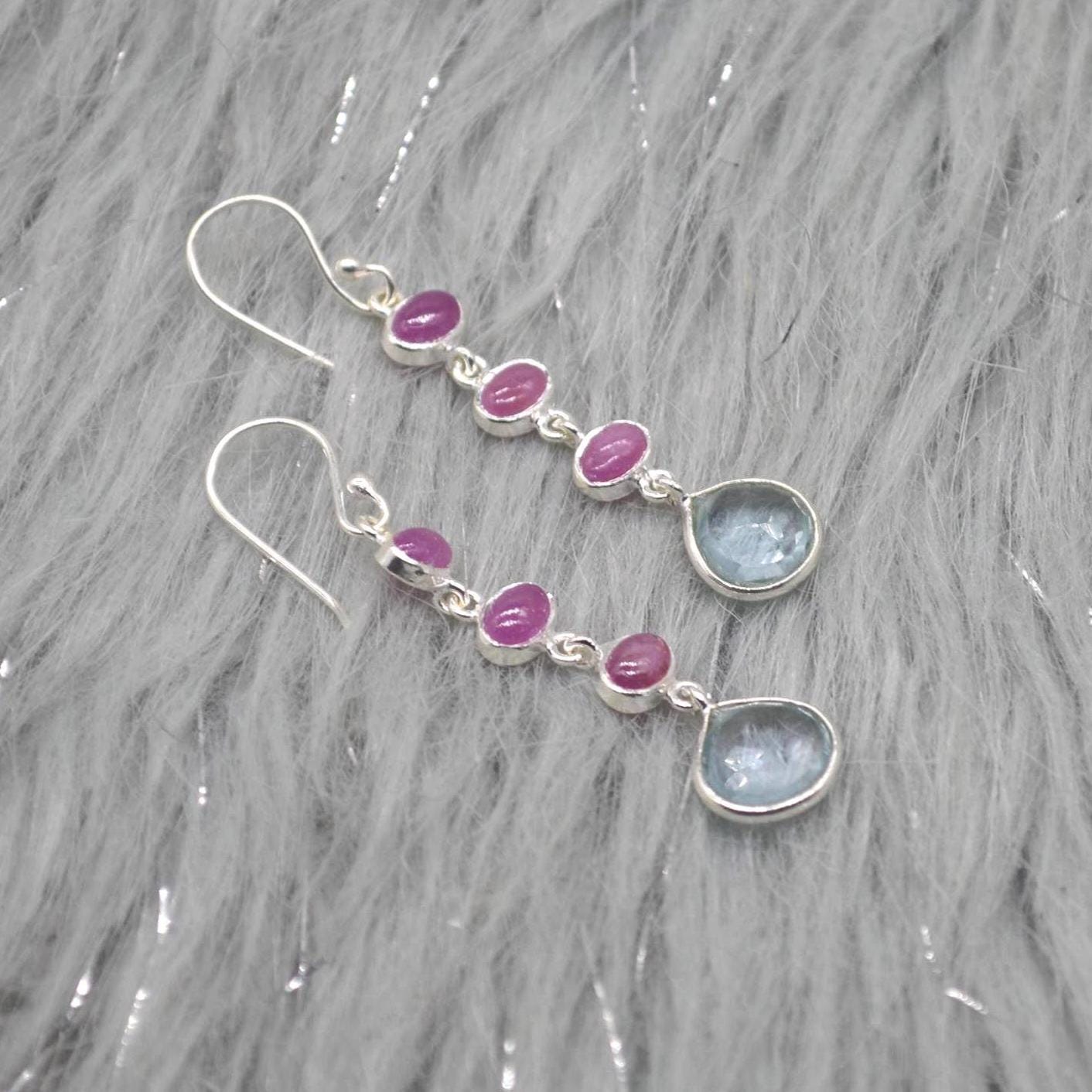 Ruby and Blue Topaz Dangle Earrings: Sterling Silver July, December Birthstone Jewelry