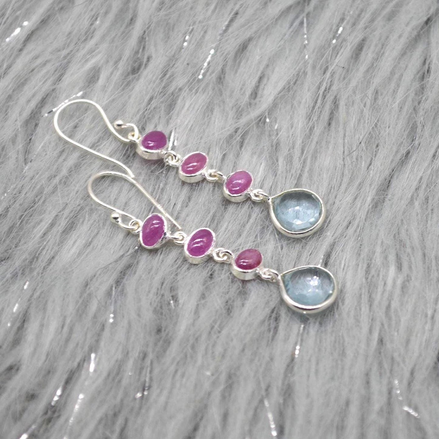 Ruby and Blue Topaz Dangle Earrings: Sterling Silver July, December Birthstone Jewelry
