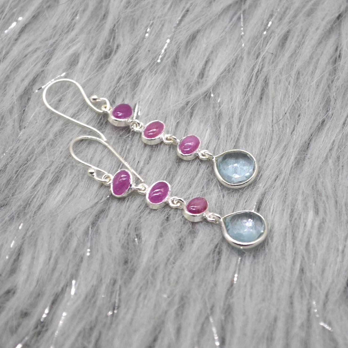 Ruby and Blue Topaz Dangle Earrings: Sterling Silver July, December Birthstone Jewelry