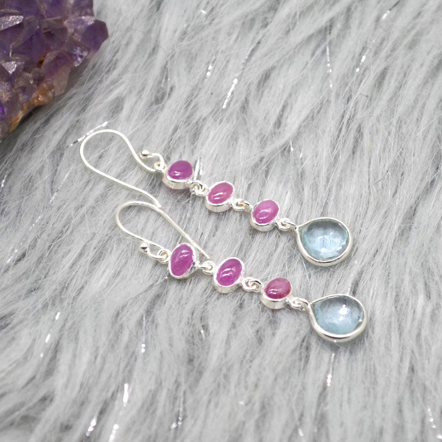 Ruby and Blue Topaz Dangle Earrings: Sterling Silver July, December Birthstone Jewelry