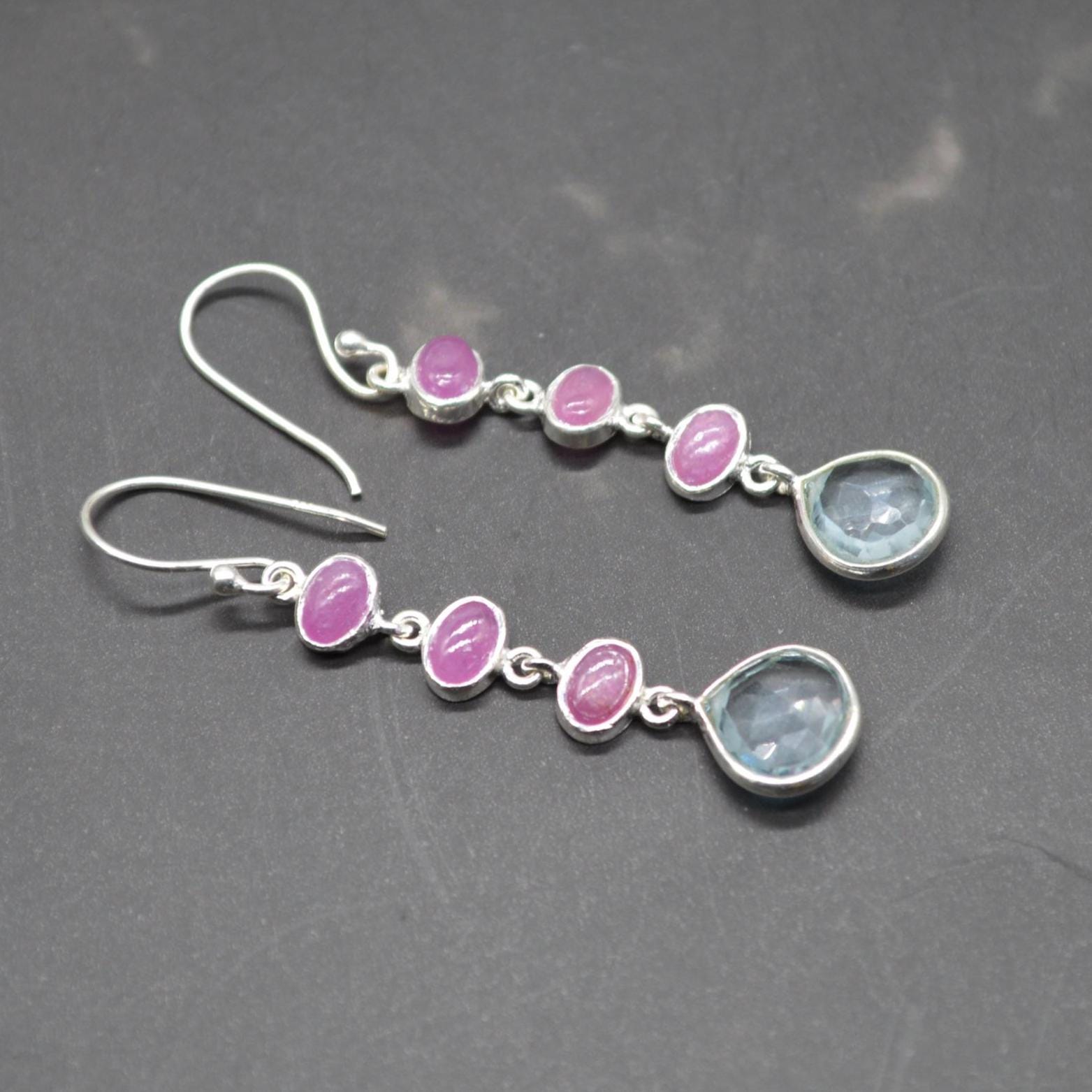 Ruby and Blue Topaz Dangle Earrings: Sterling Silver July, December Birthstone Jewelry