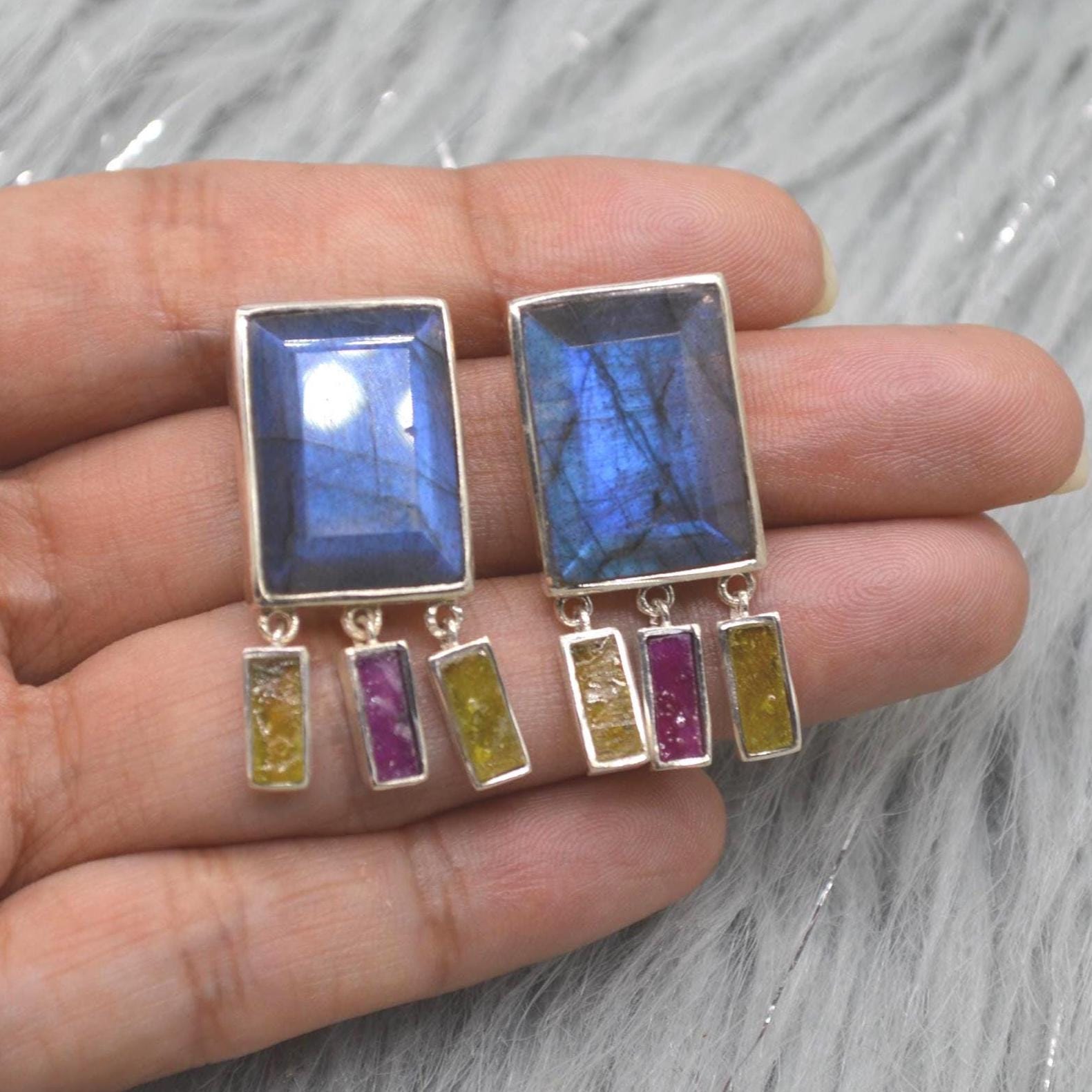 Labradorite Raw Tourmaline Earrings: Handmade Sterling Silver Gemstone Jewelry