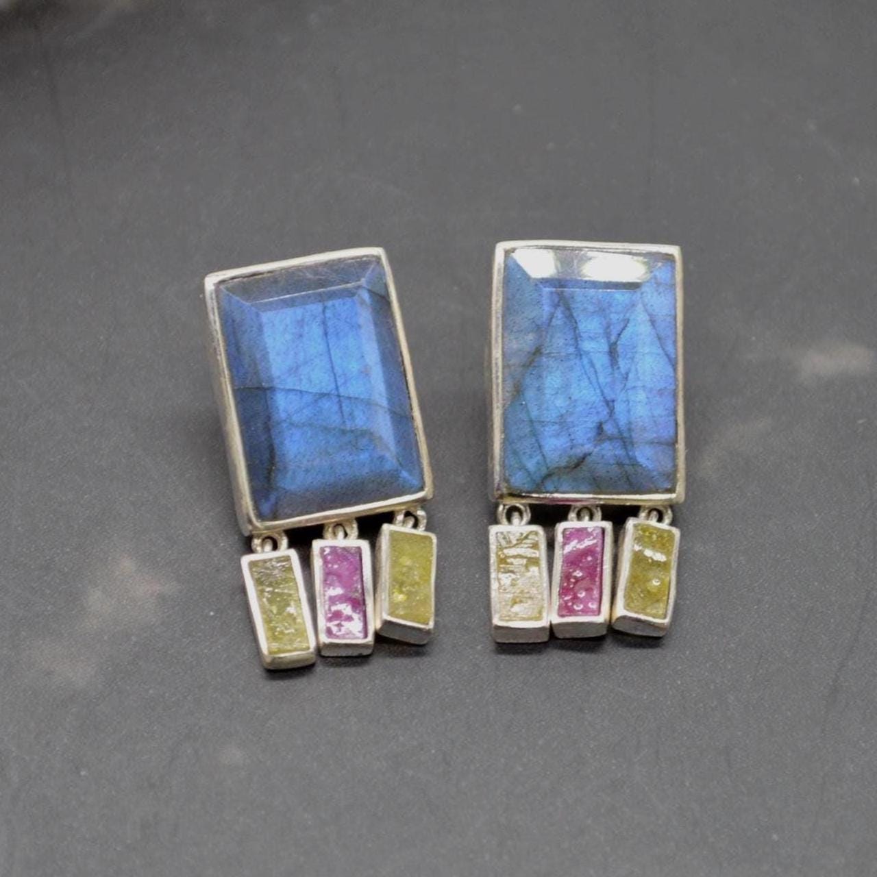 Labradorite Raw Tourmaline Earrings: Handmade Sterling Silver Gemstone Jewelry