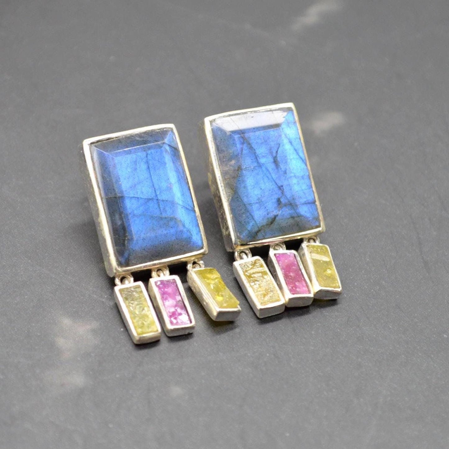 Labradorite Raw Tourmaline Earrings: Handmade Sterling Silver Gemstone Jewelry