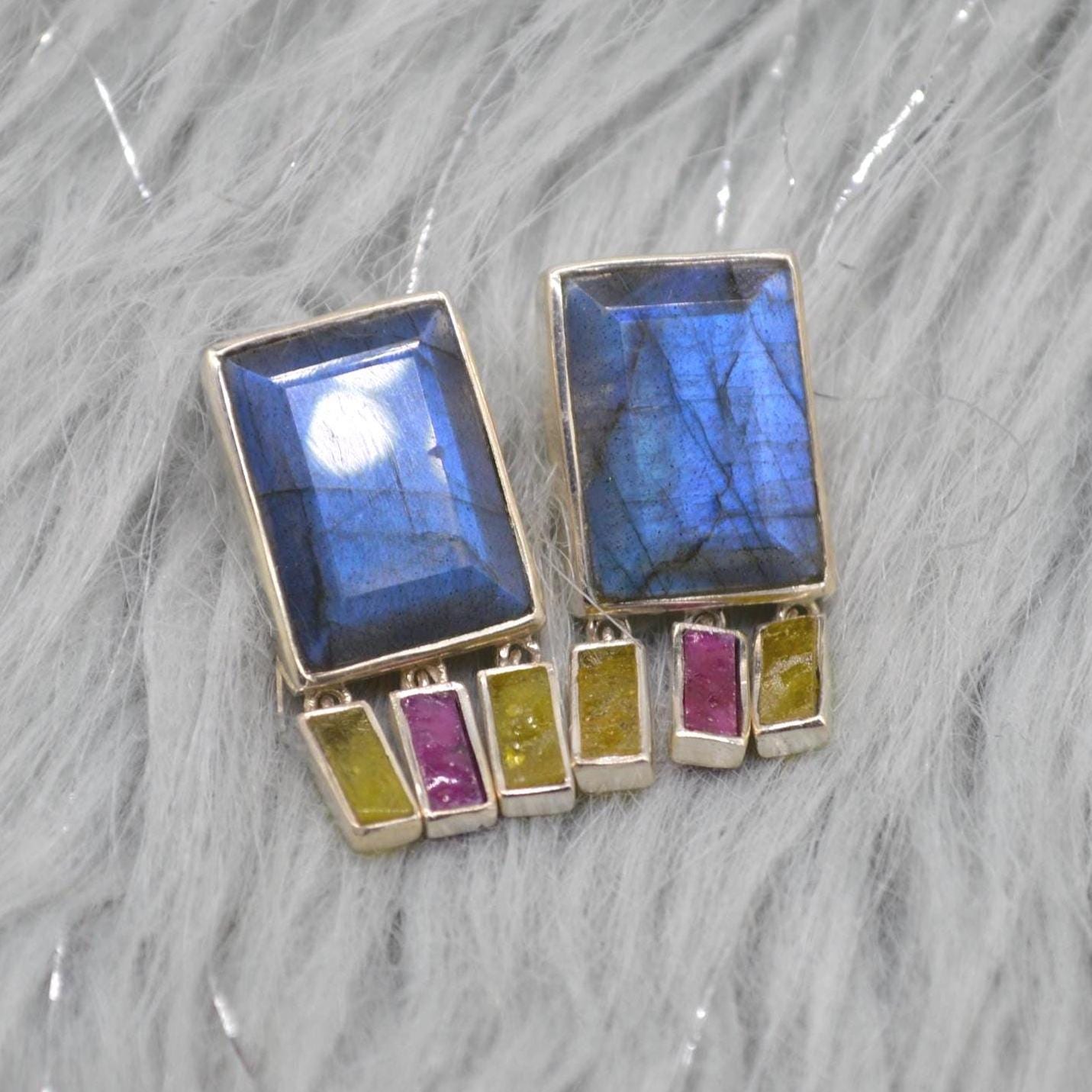 Labradorite Raw Tourmaline Earrings: Handmade Sterling Silver Gemstone Jewelry