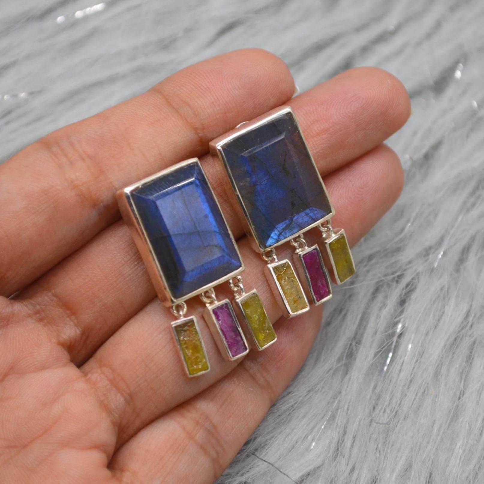 Labradorite Raw Tourmaline Earrings: Handmade Sterling Silver Gemstone Jewelry