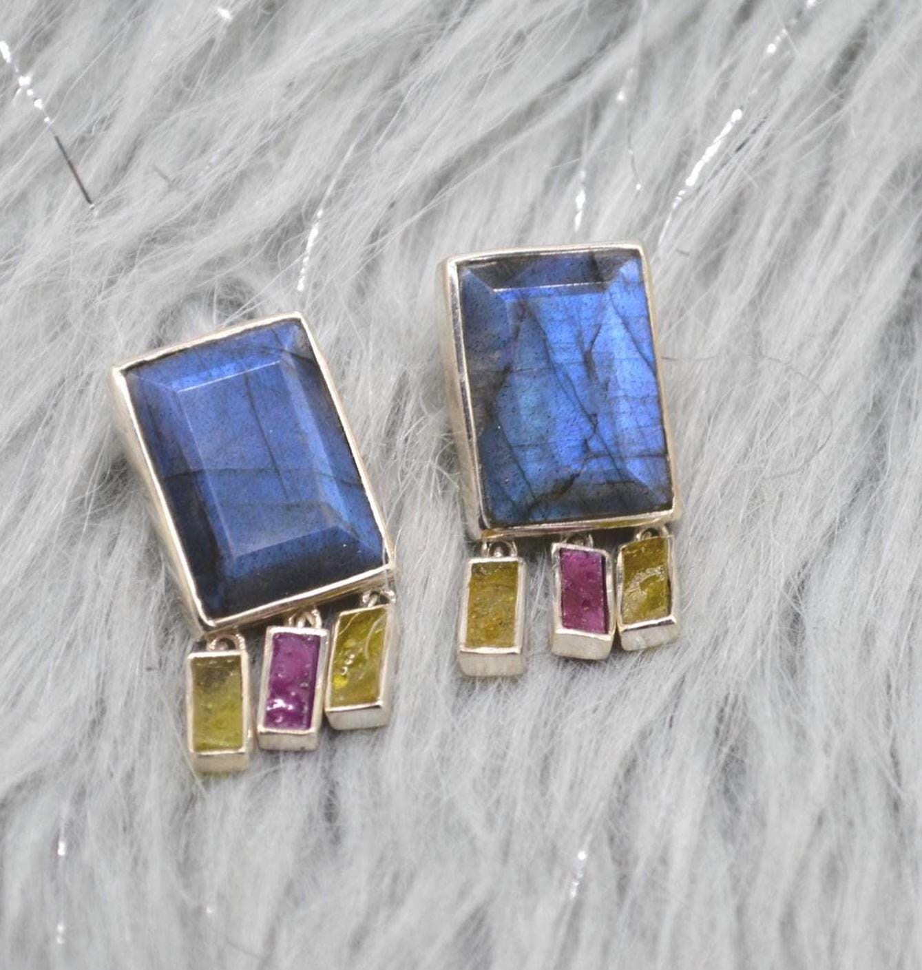 Labradorite Raw Tourmaline Earrings: Handmade Sterling Silver Gemstone Jewelry
