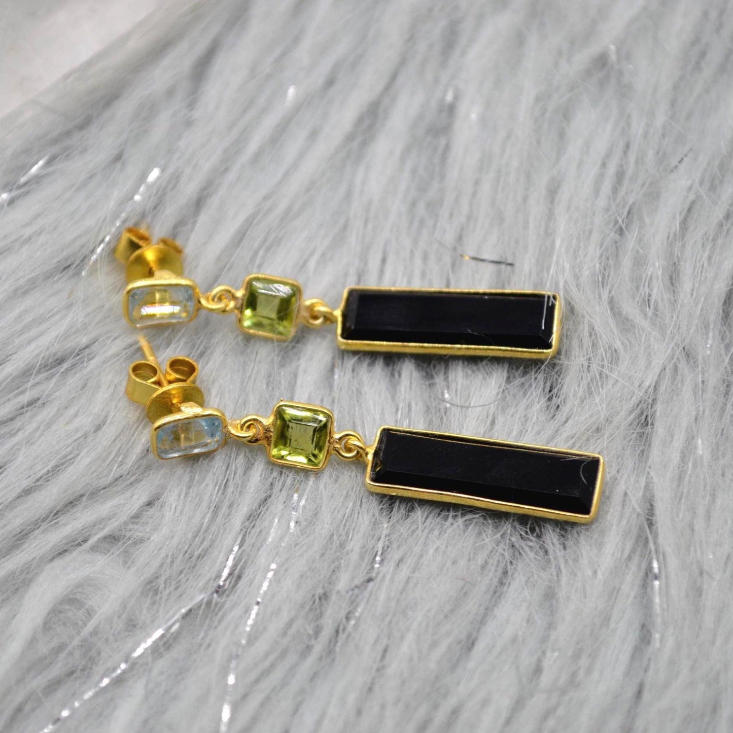 Black Onyx Peridot Blue Topaz Earrings: Sterling Silver Birthstone Gemstone Drops