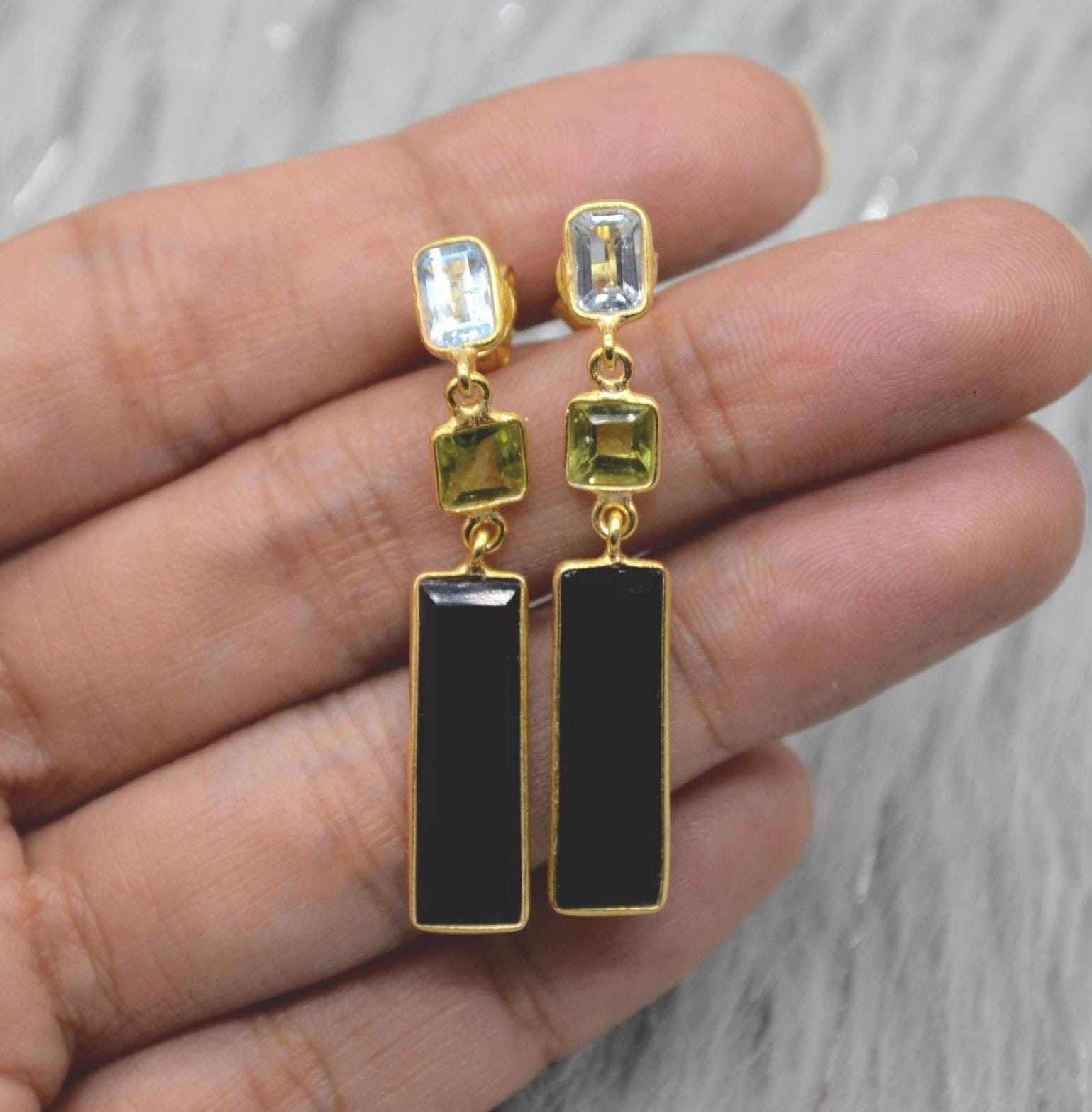 Black Onyx Peridot Blue Topaz Earrings: Sterling Silver Birthstone Gemstone Drops