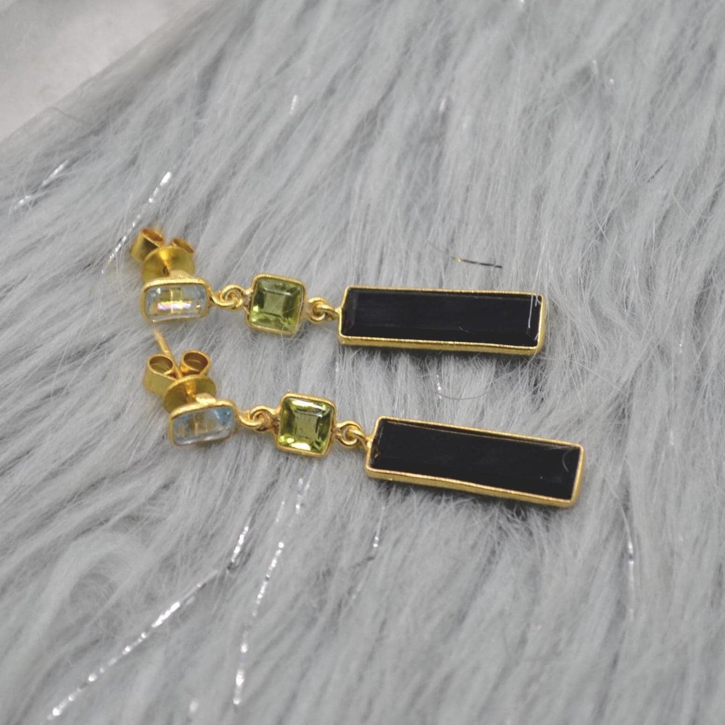 Black Onyx Peridot Blue Topaz Earrings: Sterling Silver Birthstone Gemstone Drops